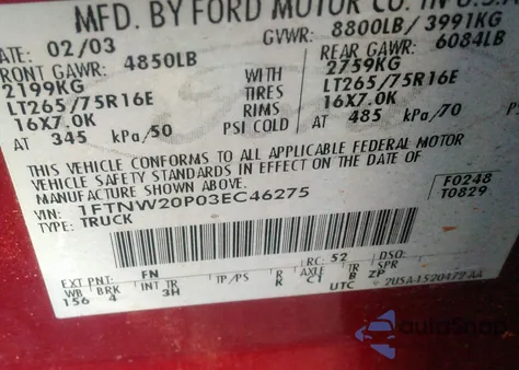 2003 Ford F-250 Lariat/Xl/Xlt from USA, damaged, VIN 1FTNW20P03EC46275